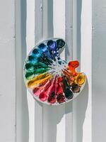 A vibrant artist's palette displaying an array of paint colors against a white textured background. photo