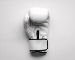 A pristine white boxing glove laid on a clean surface, highlighting its sleek design and craftsmanship. photo