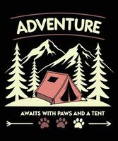 T shirt design with Quote Adventure Awaits with Paws and a Tent vector