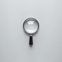 A classic magnifying glass with a sleek silver frame and a wooden handle, set against a minimalistic white background. photo