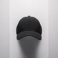 A sleek black cap displayed against a minimalist white background, showcasing its design. photo