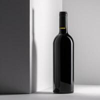 Elegant black wine bottle with minimalist geometric background in soft lighting. photo