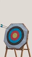 Archery target with two arrows embedded in the bullseye, showcasing precision and skill. photo