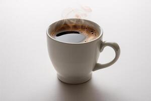 A steaming cup of black coffee on a clean white background, inviting and warm. photo