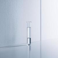 A glass test tube filled with clear liquid, casting soft shadows on a minimalist background. photo