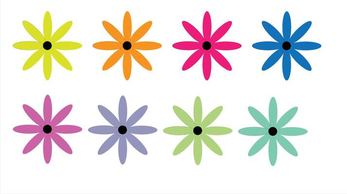 Colorful illustration of eight abstract flowers in vibrant hues arranged in a neat grid on a white background.