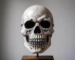 A detailed skull model on a stand, showcasing realistic features and textures against a neutral background. photo