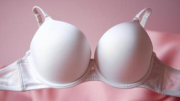 A soft white bra displayed against a pastel pink background, highlighting its smooth texture and contours. photo