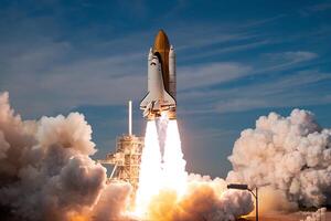 illustration of a spaceship launch isolated on space background photo