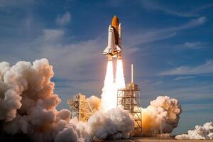 Rocket Space Shuttle or Spaceship Launch and Fly on the Dark Starry Sky with Cloud in Outer Space photo