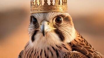 Majestic falcon with golden crown symbolizes wisdom and power in the desert kingdom. Arabian royalty concept photo