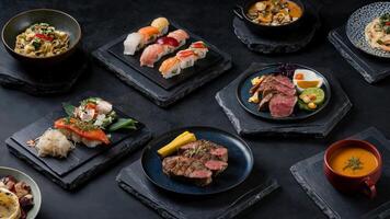 Diverse Gourmet Dishes Arranged on Dark Background. Steak, Sushi, Pasta, and Soup. Culinary Food Photography Concept photo