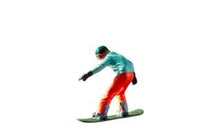 Miniature figurine depicting a snowboarder in mid-motion isolate on white background with clipping path photo