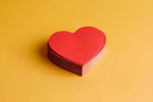 A stack of blank heart shape stickers is on a solid yellow plain background representing concepts like Valentines Day photo