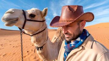 A man wearing a leather cowboy hat is in a desert with camel photo