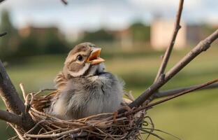 Closeup view of a bird chick is in nest and calling photo