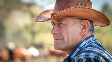 Closeup view of a middle-aged man is wearing a leather cowboy hat photo