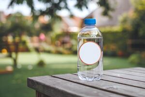A blank white circular sticker mockup is attached to a water bottle which is placed on a table in garden photo