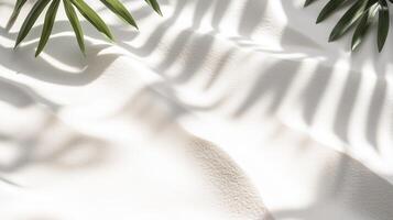 Minimal tropical background with palm leaf shadows on soft white sand, natural sunlight creating patterns, serene summer vibe, abstract nature-inspired design photo