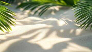 Sunlit tropical sand with palm leaf shadows, natural patterns creating a serene summer beach atmosphere, minimalist nature-inspired background design photo