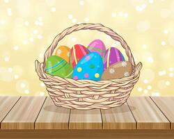 Basket with Easter eggs on a wooden table illustration. vector