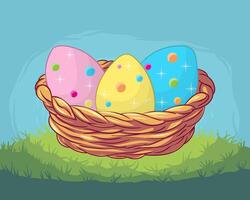 Easter eggs in a wicker basket on the grass illustration vector