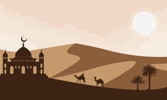 Silhouette of camel and mosque in the desert illustration vector