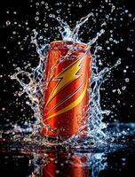 Dynamic Energy Drink Can with Water Splash and High Speed Photography photo