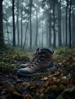Hiking Boots in Foggy Forest for Nature Infused Product Photography photo
