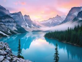 Misty Sunrise Landscape of Serene Lake and Towering Mountains photo