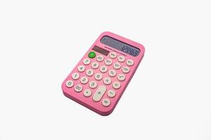 A pink calculator with white buttons. It features basic arithmetic functions and additional memory and correction keys photo
