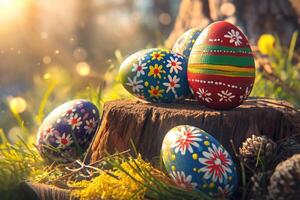 Decorated Easter Eggs on a Tree Stump in a Sunny Forest photo