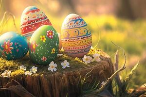 Decorated Easter Eggs Resting on a Tree Stump photo