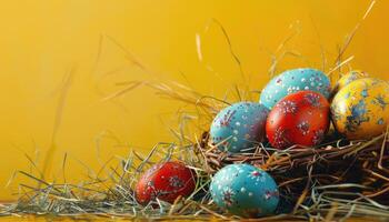 Decorated Easter Eggs Nestled in a Nest of Hay on a Yellow Background photo