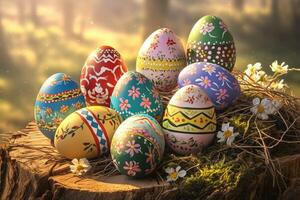 A Nest of Colorful Easter Eggs on a Tree Stump photo
