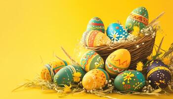 Decorated Easter Eggs in a Nest on a Yellow Background photo