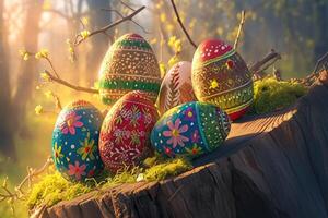 Decorated Easter Eggs on a Tree Stump with Spring Blossoms photo