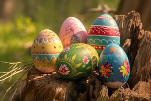 Decorated Easter Eggs Resting on a Tree Stump photo