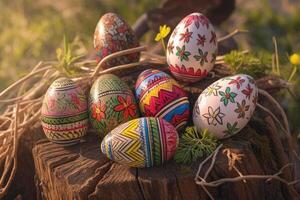 Decorated Easter Eggs on a Rustic Tree Stump photo