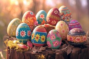 Hand-Painted Easter Eggs on a Tree Stump with a Floral Design photo