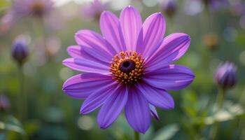 Bright purple petals with a prominent center with a bokeh effect, surrounded by soft green leaves, shining in the soft sunlight. Capturing the essence of beauty and serenity of nature photo