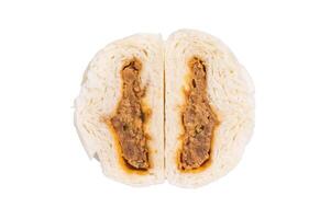 Steam Bao bun with meat isolated on white background. top view photo