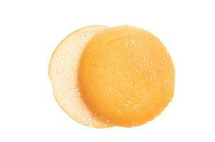 Fresh hamburger buns isolated on white background. top view photo