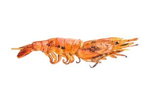 Skewers with Grilled red Argentine shrimps, Prawns Langostino Austral isolated on white background. top view photo