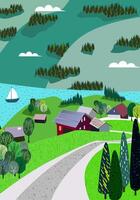 A refreshing experience offered by nature, a description of a peaceful day spent in a village full of wide grassy areas, walking paths, trees, and flowers. vector