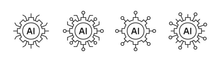 Artificial intelligence. AI processor chip with gear icon line symbol. Circle Ai logo. Editable stroke illustration vector