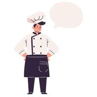 The cute male chef stands up straight and a speech bubble for your text. Flat illustration on white background vector