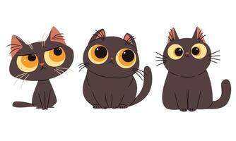A set of flat illustrations in a simple children's style. Cute black cats with big eyes with different emotions vector