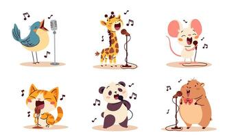 Cute singing animals. Bird kitten hamster panda giraffe mouse singers sing into the microphone. Set of flat illustrations in simple children's style, white background vector