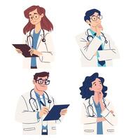 Set of flat illustrations on medical theme. Male and female doctors in pensive poses and with a notebook vector